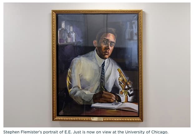 Stephen Flemister's painted portrait of Dr. Ernest Everett Just at work beside a brass microscope, displayed in a gilded frame on a gallery wall